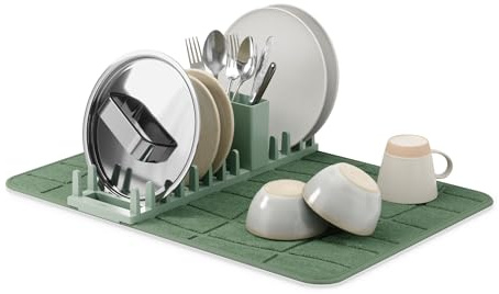 Umbra Udry Dish Drying Rack with Microfiber Mat, Foldable Drainer, Spruce