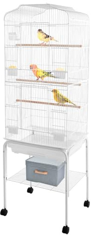 Vogelkäfig mit Rollen, Großer Käfig für Wellensittiche und Papageien, Vogelvoliere mit Ständer und Ablagefach, Metall Vogelhaus mit Ausziehbarem Tablett, 137,5 cm Hoch, Weiß