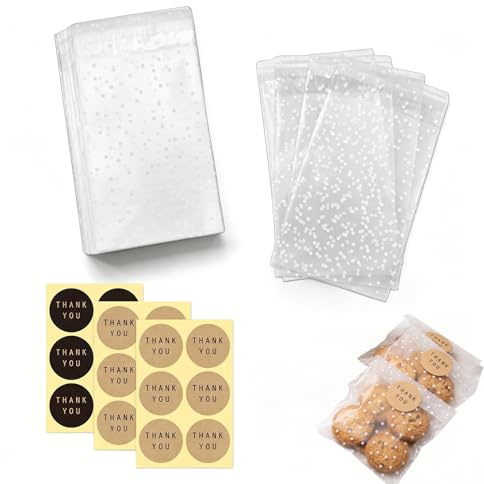 100 bolsas autoadhesivas transparentes lunares blancos 10x15cm, con 18 pegatinas decorativas. Material firme, prácticas y versátiles, perfectas para cumpleaños, bodas y regalos.