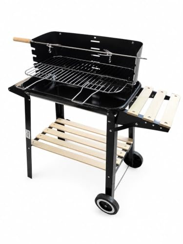 Barbecue à Charbon de Bois Rectangulaire avec Tournebroche en Inox Inclus, Grille Chromée, Pare-Vent Réglable, Étagères en Bois Pratiques et Roulettes - BBQ Extérieur pour Jardin, Terrasse et Camping