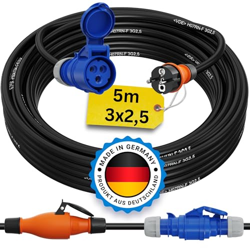 Schuko auf CEE Adapter 5m Camping Stromkabel PCE H07RN-F 3x2,5 Landstromkabel Wohnmobil Wohnwagen Kabel Camping Adapter 5 Meter Strom Verlängerungskabel CEE-Stecker Campingstecker