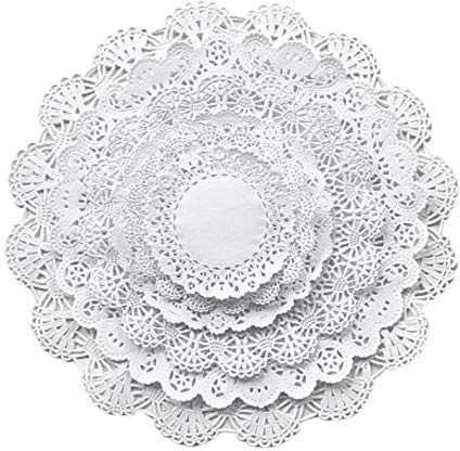 The Baker Celebrations White Round paper Lace Table Doilies 4 5 6 8 10 and 12 inches Assorted Sizes (Variety pack of 120-20 of each)