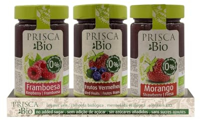 PRISCA Mermelada 100% Ecológica de Frambuesa, Frutos Rojos, Fresa - Sin Azúcar - 3 Unidades de 240 gr