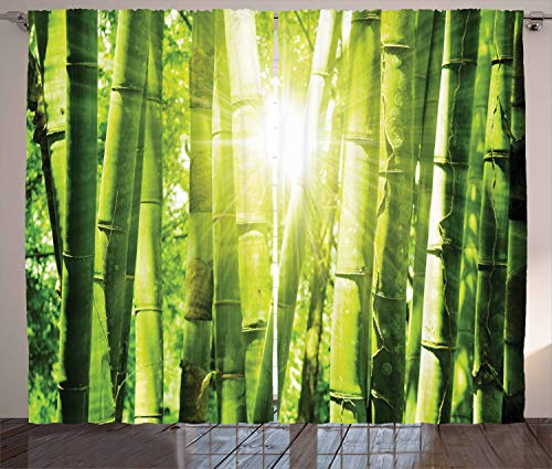 ABAKUHAUS Bambus Rustikaler Gardine, Sun-Strahlen in Wild Jungle, Schlafzimmer Kräuselband Vorhang mit Schlaufen und Haken, 280 x 225 cm, Lindgrün Gelb