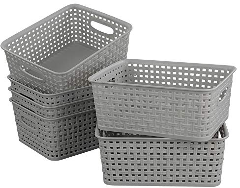 Gitany Set di 6 Cesto Portaoggetti in Plastica Grigio, Cesta Rattan Rettangolare, Cestini Organizer da Cucina