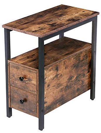 HOOBRO Beistelltisch, schmaler Nachttisch, Sofatisch Industrial, Nachtschrank mit 2 Schubladen, Nachtkommode Cochtisch für kleine Räume, Akzentmöbel in Holzoptik, Dunkelbraun EBF548BZ01G2