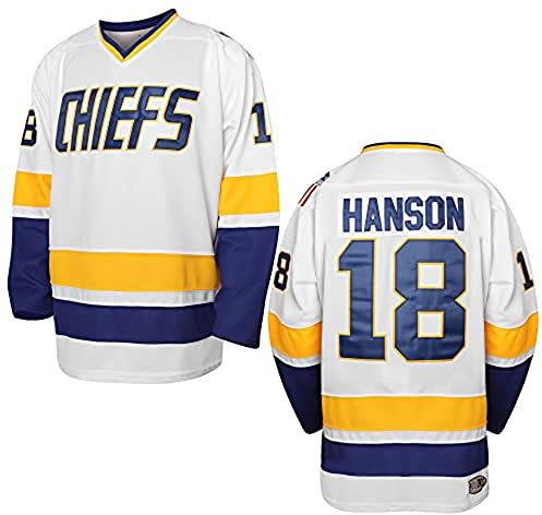 Hanson Brothers Hockey Jersey 16 Charlestown Chiefs 17 Jeff Slap Shot 18 Movie Hockey Jersey Blue White S-3XL (18 White, Medium)