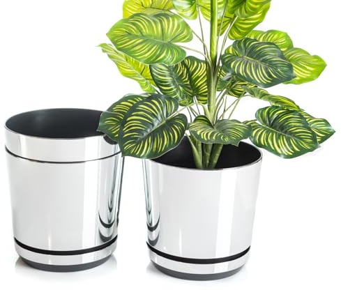 KORAD Ensemble de 3 Pots avec Soucoupe d'un diamètre de 26 cm, Motif 016 - Argent Miroir ; Glamour ; Moderne, Haute Brillance, Style Classique, Rustique, loft, pour Plantes, Herbes.