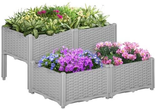 Outsunny Set of 4 26L Garden Raised Bed Elevated Patio Planter Box, Grey | Flower Plant Planter Box, PP, Vegetables Planting Container