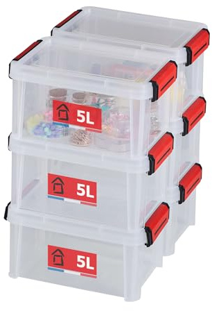 SUNDIS Clip'N Store, 6 cajas almacenaje con tapa, 5L, reforzados | Aptas para alimentos, paredes rectas, plastico transparente, apilables y combinables