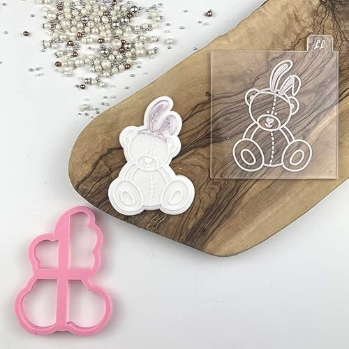 LissieLou Sitting Teddy Bear with Headband Cookie Cutter and Embosser Baby Shower Icing Stamp Fondant Embosser - Light Pink/Clear