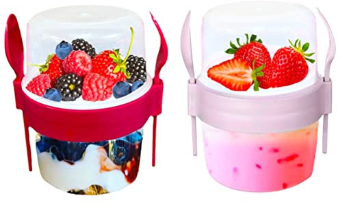 VL 2PCs Yogurt Pots Reusable 500ml Yoghurt Container with Spoon & Fork BPA free Breakfast Pots to GO Muesli Cereal On the Go Dishwasher Safe Lunch Box Oatmeal Jars, Set of 2 (Red, Pink)