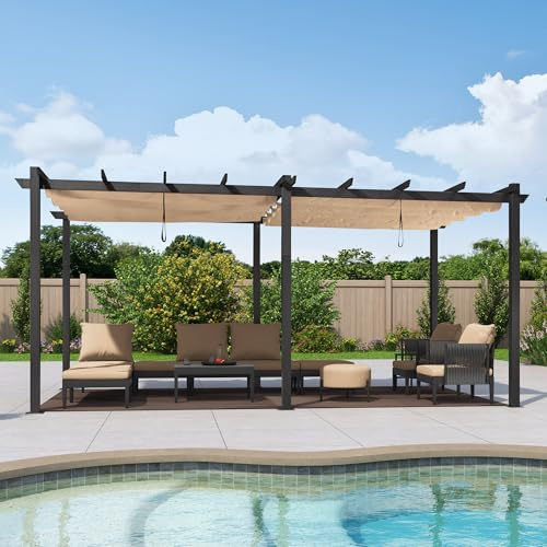 PURPLE LEAF Pergola Aluminium, 3.65 X 5.5 M Wasserdicht Stabil Winterfest Pergola, Gartenpavillon Mit Sonnenschutz Überdachung, Beige