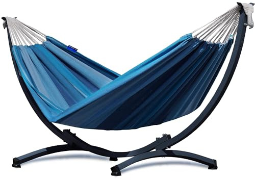 Potenza Hängematte mit Gestell I Stabiler Rahmen 200kg - 250cm Balkon I Hängematte 200x120cm I Indoor Outdoor Garten Pool Terrasse Stahl (Basic Gestell Graphit, Blau)
