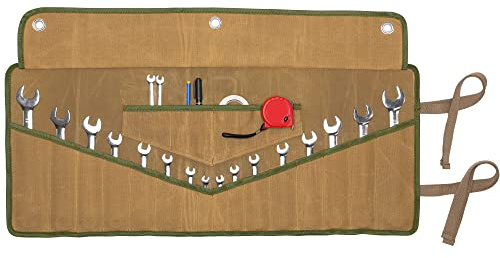 Aufbewahrungstasche für Werkzeuge， Multifunktionale 16 Taschen Werkzeug-Rolltasche - Metrisch & SAE - Metallösen & 1 Klappe, 16oz gewachstes Segeltuch Werkzeug-Rolltasche (Khaki)