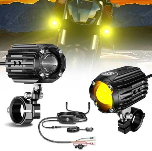 Kewig Faros antiniebla LED para motocicleta, 60 W, color ámbar/amarillo y blanco, faros de dos colores, faros antiniebla con mazo de cables, impermeable, faro de trabajo todoterreno, compatible con