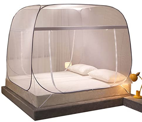 EOMIK Zanzariera a baldacchino, letto matrimoniale, parte superiore e inferiore quadrata, per viaggi, casa, anti zanzare, pieghevole, pop-up, tenda da campeggio indipendente, 180 x 200 cm, grigio