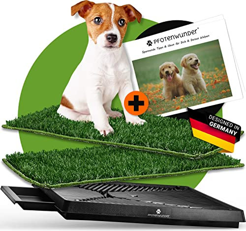 PFOTENWUNDER® Hundeklo + 2X-Easy-WASH-Rasen + 1x Büchlein, Hunde-Toilette für kleine & große Hunde, Festes Gras & Anti-Rutsch, Welpen-Klo drinnen zuhause Gras Hundetoiletten Balkon Indoor WC
