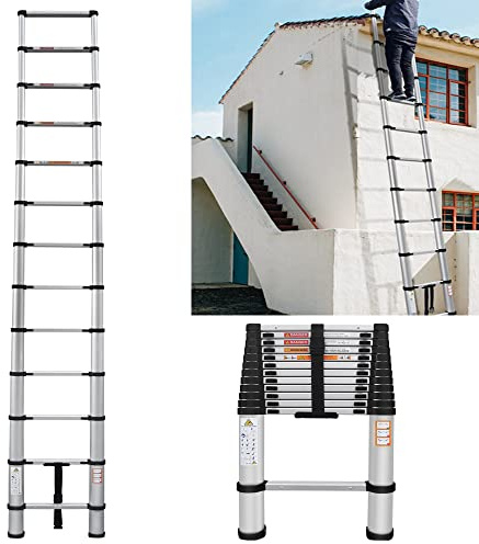 12.5FT/3.8M Aluminum Telescoping Extension Ladders, Multi-Purpose Folding Aluminum Telescopic Ladder, EN131 Standards Portable Lightweight Folding Ladder with Non-Slip Feet Max Load 330lb/150kg