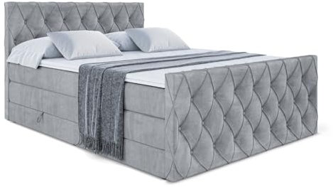 ALTDECOR Boxspringbett mit Matratze und Lattenrost, Topper, Fußteil, Polsterbett mit Bettkasten, Bett mit Stauraum H3- und H4- Matratze, Doppelbett, Springboxbett - Amay King - 180x200 - Grau Samt