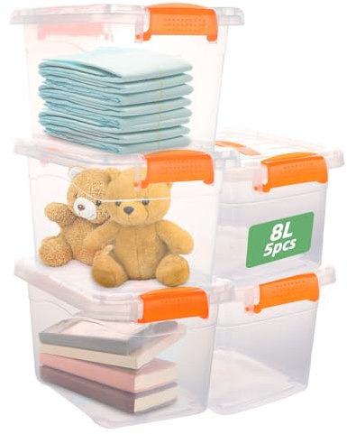 YOUNTHYE 5 contenitori con coperchio, 8 l, in plastica con coperchio, piccolo contenitore con coperchio, 29 x 21 x 23 cm, trasparenti, senza BPA, impilabili con coperchio e manico, per ufficio, casa,