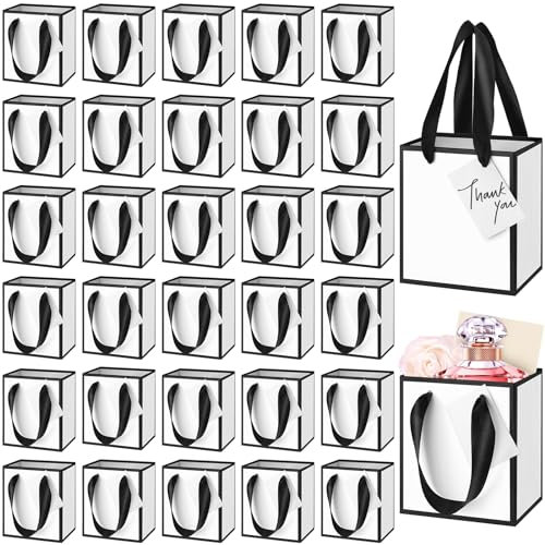 Yeaqee Mini-Geschenktüten aus metallischem Papier mit Griffen, 10,2 x 7,9 x 11,4 cm, kleine Geschenktüten mit Dankesanhänger, für Hochzeit, Muttertag, Abschluss, Geburtstag, Willkommensrückgabe (weiß