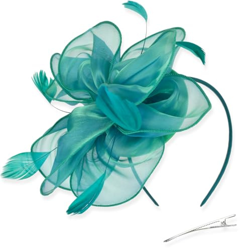 DRESHOW Damen Fascinators Hut Cocktail Party Tee Kopfbedeckung Blume Mesh Organza Bänder Federn auf Einem Stirnband
