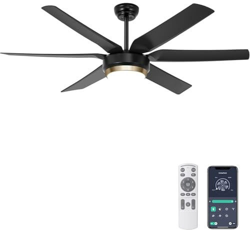Ohniyou Deckenventilator mit Beleuchtung, 56 Zoll (142cm) schwarzer Deckenventilator, Fernbedienung/APP-Steuerung, dimmbar, leiser DC-Motor, Innen-/Außen-Deckenventilator für Wohnzimme Terrasse
