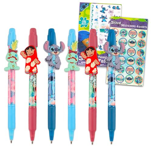 Disney Lilo and Stitch Stifte Set – Paket mit 6 Lilo und Stitch Stiften mit Clip plus Aufkleber und Tattoos für Kinder, Schulbedarf, Schreibtischzubehör für Jungen, Mädchen