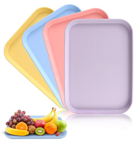 Plastic Trays for Food Serving, 4 Pcs Dinner Tray, Plastic Serving Tray, Small Trays for Tea or Coffee for serving Drinks, Snacks, Tea or Coffee (Pink, Blue, Yellow, Purple)