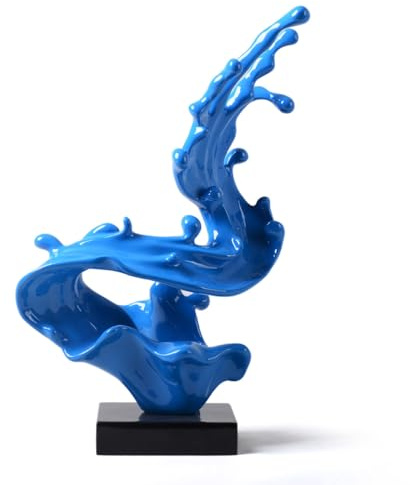 HAUCOZE Modern Skulptur Dekor GMeereswelle Figur Trendiges Geschenk 41cm | Blau Polyresin Statue mit schwarzem Sockel Handgefertigte Kunstobjekt Ornament für Tisch Schreibtisch