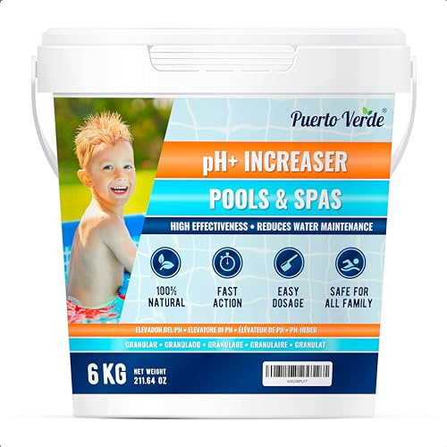 Puerto Verde • pH Heber für Pools 6 Kg. pH+ Korrektur für Whirlpools und Spas. pH Plus Regulator in Granulatform. Hermetischer Eimer. Inklusive Dosierbecher. Europäische Produktion.