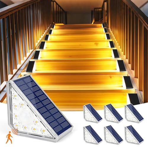 Czemo Lampade solari per esterni, illuminazione per scale, lampada solare con sensore di movimento, 1200 mAh, 3000 K, luce bianca calda, IP67, impermeabile, per gradini da giardino, passerella, patio