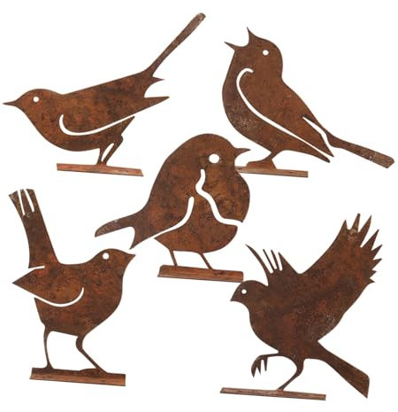 KONTONTY 5 Stück Rostige Vogeldekoration Rustikale Gartenornamente Für Draußen Metallische Zaunfiguren Mit Naturthematik