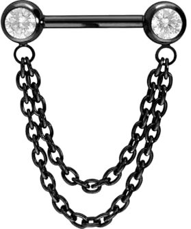PIERCINGLINE Titan Barbell mit Push Fit 2 KETTEN + KRISTALLE Brustwarzenpiercing Nippelpiercing Schwarz 1,6 x 14 mm