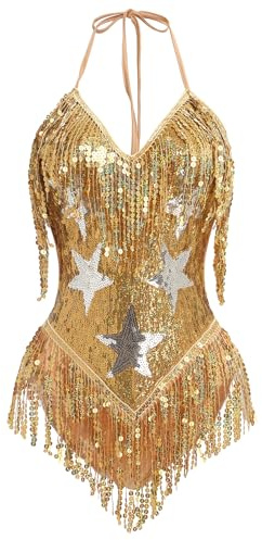EFOGEP Women's Music Festival Bodysuit: Sexy Halter V Neck Star Sequins Fringe Carnival Rave Outfit Dance Leotard Party Nightclub Halloween Costume Gold S