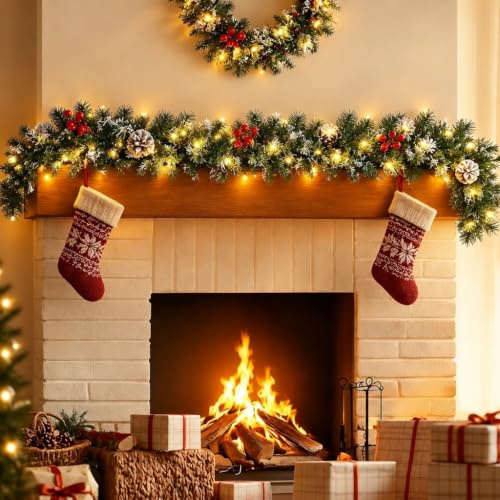 9FT/2.7M Christmas Garland with 50 LED Lights, Fireplace Decorative Christmas Garlands with Snow Pinecone and Berries, Artificial Xmas Garland Wreath for Home Indoor Outdoor Decorations