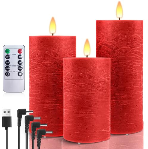 AnnSpa 3 Set Led Kerzen Aufladbar mit 10-Tasten Fernbedienung, Wiederaufladbare Kerzen Flammenlose Echtes Wachs Flackern Wick Yellow Light Pillar Candles mit Timerfunction für Weihnachten - Rot