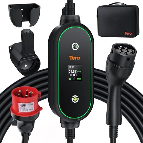 Tera Mobile Wallbox Typ-2 tragbar: 11kW 3-Phasig 6-16A 7,5m Ladekabel CEE 5 Pin EV Ladegerät 0,5-5h verzögertes Laden Einstellbarer Ladeleistung Ladegerätehalter für Elektroauto P03
