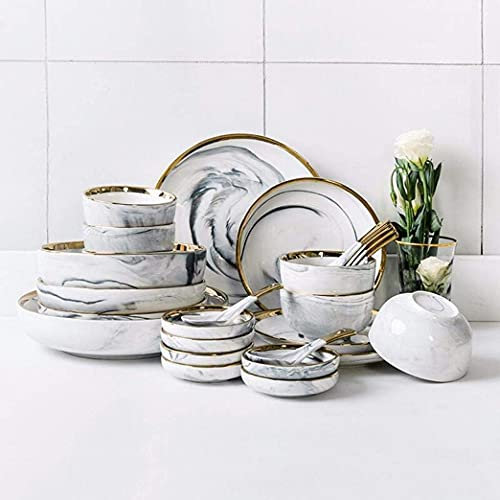 MYUYEE Juego de vajilla de cerámica de mármol Gris de 26 Piezas Juego de vajilla de Porcelana con Cuenco Plato y Cuchara Servicio Combinado para 6 Personas，