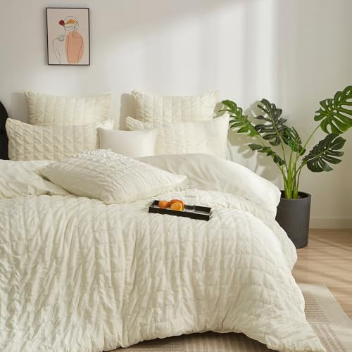 YASMENG Seersucker Bettwäsche 135x200 Beige Kariert Bettwäsche Seersucker Gitter Modern Bettwäsche Mikrofaser Weich Atmungsaktiv Bettbezug Set 2teilig mit Reißverschluss und 80x80 cm Kissenbezug