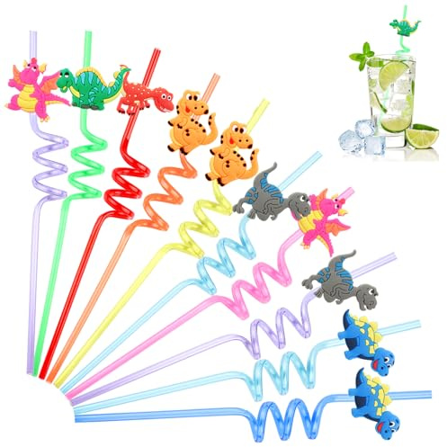 Paille Plastique Réutilisable 10 Pièces pour Enfant - Dinosaure Straws Spirale pour Tasses à Boissons et Décorations de Fête
