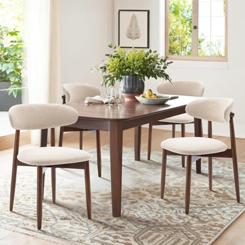 FSDFKPOP Esszimmerstühle 4er-Set, Moderne, mit Stoff gepolsterte Küchen-Seitenstühle, Esszimmerstuhl im Bauernhaus-Stil mit Fußrasten, Beige(Walnut,Set of 4)