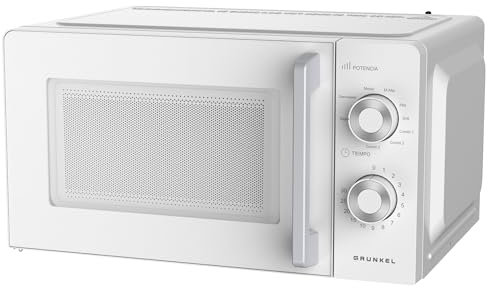 Grunkel Microondas con grill de 20 Litros, 700W + 900W Grill 5-6 Niveles de Potencia, 3 Modos Combinados, Temporizador 30 min Apertura con Tirador y Bandeja Ø245 mm