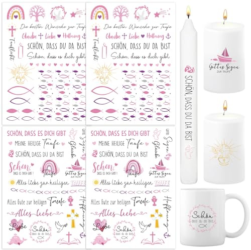 BOOMTOP Kerzen Tattoos Folie Taufe Rub On Sticker Kommunion Sprüche Rosa Kerzensticker Stabkerze Tasse