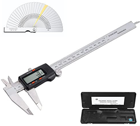 eSynic Digital Vernier Caliper & 32-Blade Feeler Gauge Set | 8/200mm Stainless Steel Electronic Caliper Measuring Tool | LCD Display, Inch/Metric/Fraction Conversion
