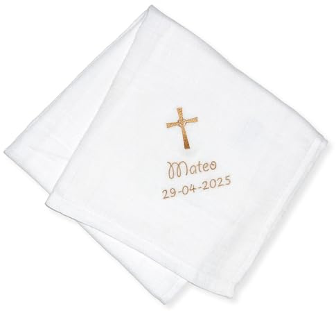 Inzepocket Personalisiertes Baby-Mulltuch – Weiß 70x70 cm – Bestickt mit Name, Datum & Motiv – Geschenk zur Geburt, Taufe oder Feier – Oeko-Tex Baumwolle