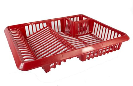 Amee Houseware Large Plastic Dish Drainer with Utensil Holder – Sloped Base & Anti-Slip Feet Drainer For Kitchen – Drying Dish Rack for Plates, Bowls & Cutlery (Red, Pack of 1)