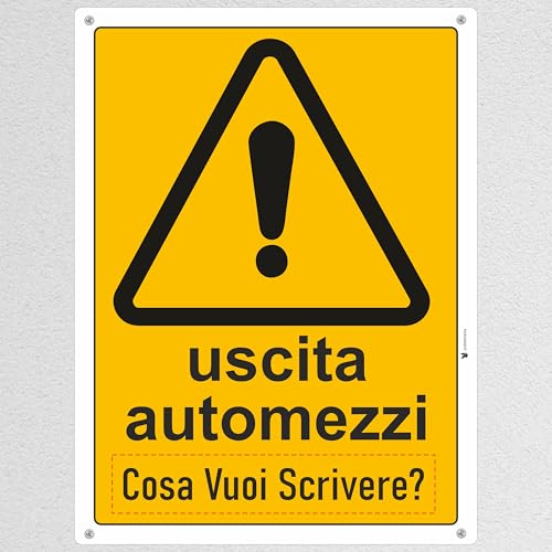 Pubblimania Cartello Uscita Automezzi Personalizzato con la tua scritta. Scegli Alluminio o Metallo con staffe per paletto (Uscita Automezzi)
