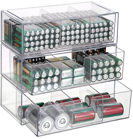 BTSKY 3 Pack Clear Acrylic Battery Storage Organizer for AA, AAA, 9V, C, D Batteries, 3-Drawer Storage Box Battery Holder for Common Types Batteries, Household Container(Batteries Not Included)